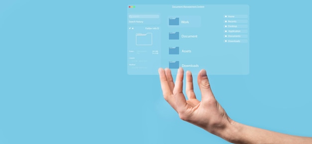 Koncept för dokumenthantering Virtuella skärmikoner Dokumenthanteringssystem DMS Online-dokumentdatabasprogramvara för effektiv arkivering, sökning och hantering av företagsfiler och data