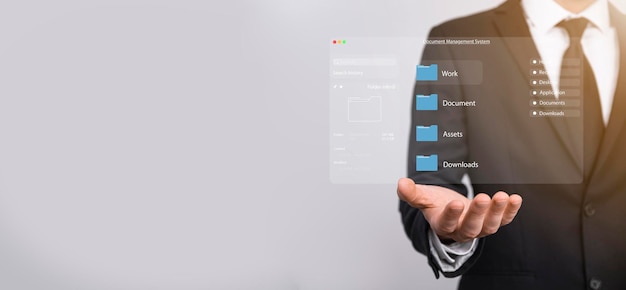 Koncept för dokumenthantering Virtuella skärmikoner Dokumenthanteringssystem DMS Online-dokumentdatabasprogramvara för effektiv arkivering, sökning och hantering av företagsfiler och data