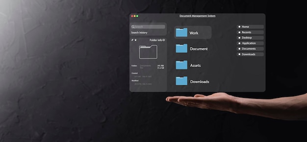 Koncept för dokumenthantering Virtuella skärmikoner Dokumenthanteringssystem DMS Online-dokumentdatabasprogramvara för effektiv arkivering, sökning och hantering av företagsfiler och data