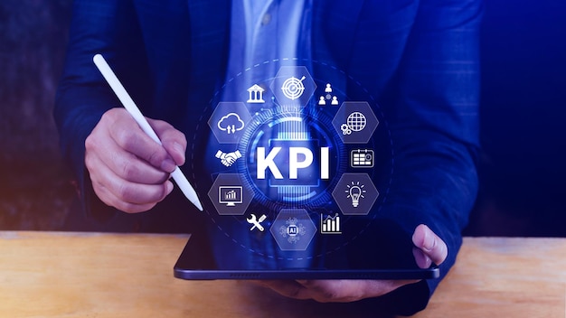 KPI Key Performance Indicator concept Management data System KPI connected database follow earnings operations and sales data Financial business data analytics graph dashboard