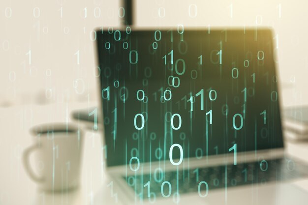 Kreativ abstrakt binär kodskiss på modern laptopbakgrund hacking och matrix-koncept Multiexponering