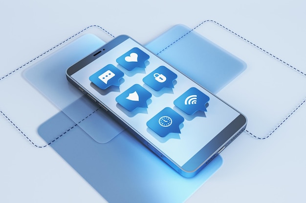 Kreativ blå smartphone med kommunikationsikoner på skärmen Sociala medier och nätverkskoncept 3D-rendering