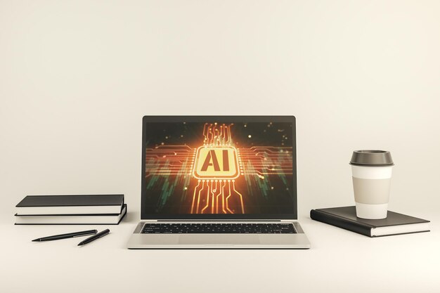Kreativt artificiell intelligens symbolkoncept på modern bärbar datorskärm 3D-rendering