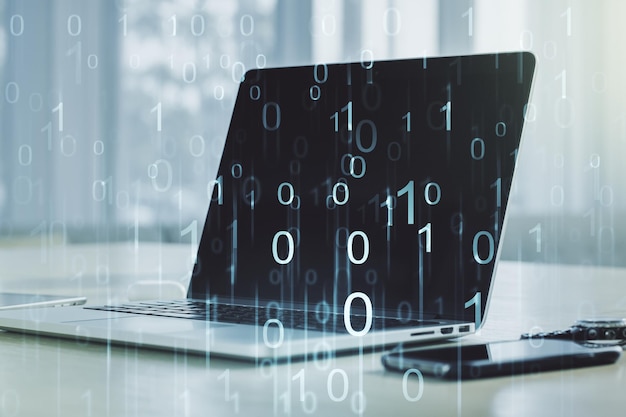 Kreativt koncept av binär kod illustration på modern bärbar datorbakgrund Big data och kodningskoncept Multiexponering