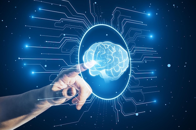 Kunstig intelligens teknologi og datascientest koncept med finger der trykker på knap menneskelig hjerne ikon virtuelt hologram på mørkeblå baggrund