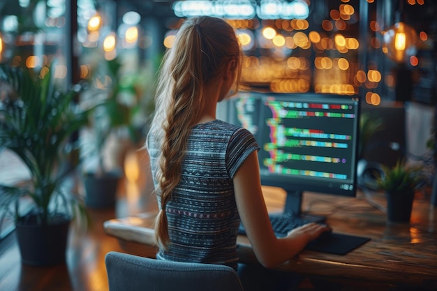 Kvinde programmør vælger programmeringssprog sql php api til website udviklingsstudie