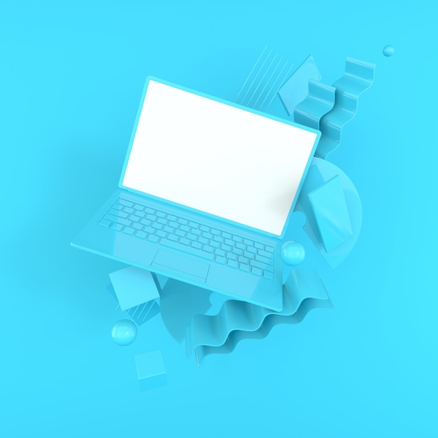 Laptop and different geometric objects mockup background in modern minimal style