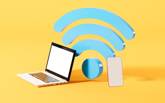 Laptop and mobile phone are in the yellow background with wifi icon 3d rendering