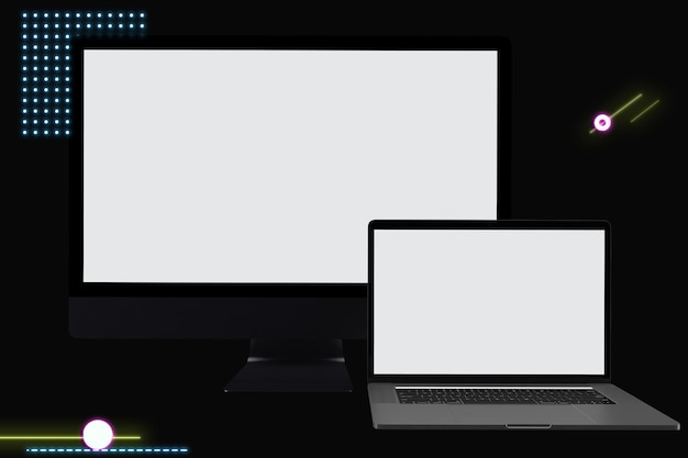 Laptop and PC Front Side With Neon Themed Background