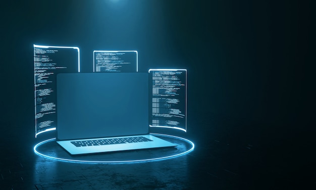 Laptop computer with hologram screen displaying source code