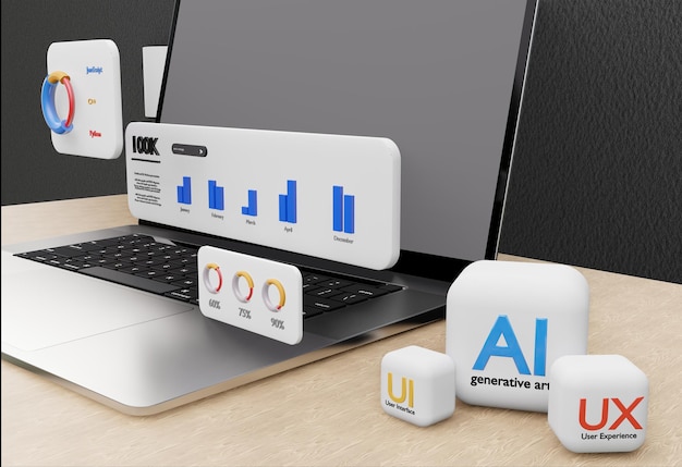 laptop desktop 3d illustration data analytics website seo algorithm ai ui ux programming generati