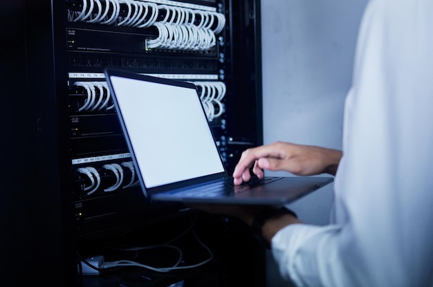 Laptop person hands or server room technician work on data center online database or problem solving cloud computing network Cybersecurity computer screen mockup or worker service software system