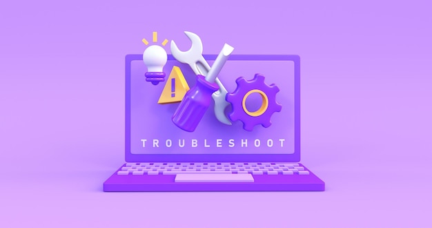 laptop troubleshooting icon in purple background 3d render