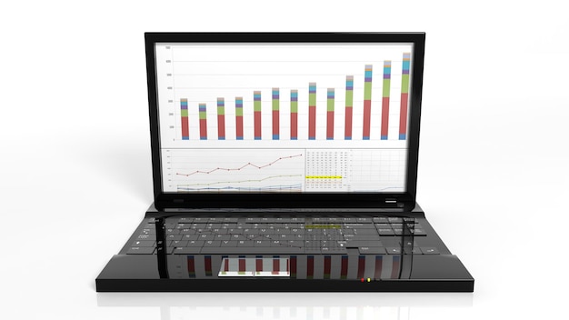 Laptop with bar chart on screen isolated on white