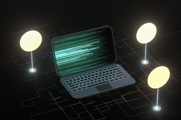 Laptop with black background technological concept 3d rendering