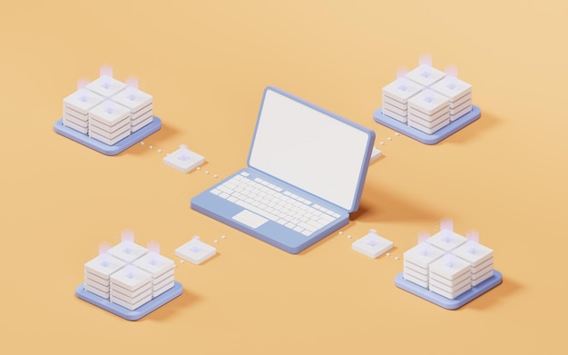 Laptop with server equipment 3d rendering