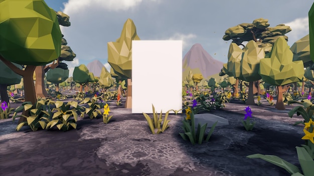 Lavpoly 3D-rendering baggrund med naturlandskab og blankt lærred