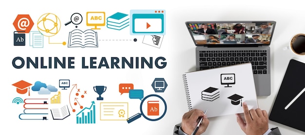 Learning Global Online learning student watching lesson online using laptop education learning online communication technology video call conference connection WEBINAR elearning