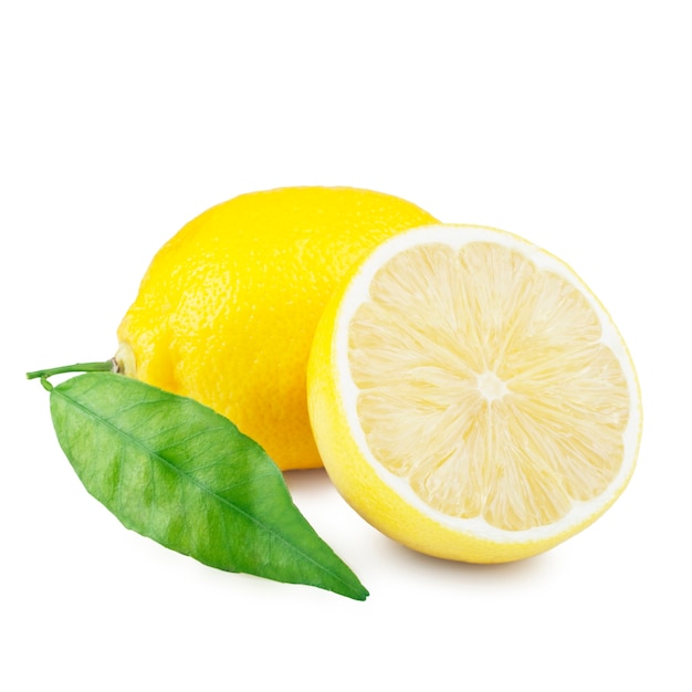 lemon with leaf on white