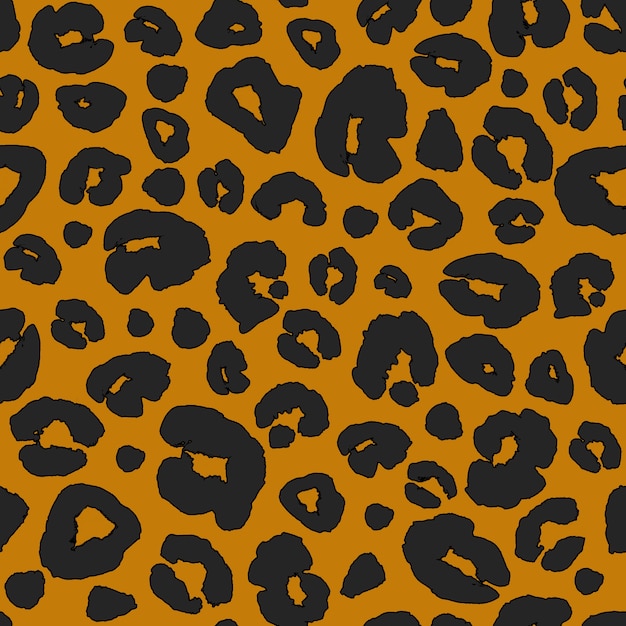 Leopard skin print seamless pattern background. Animal fur spot abstract camouflage texture. Black and orange hand drawn spotted print for textile, fabric, wrapping paper, wallpaper.