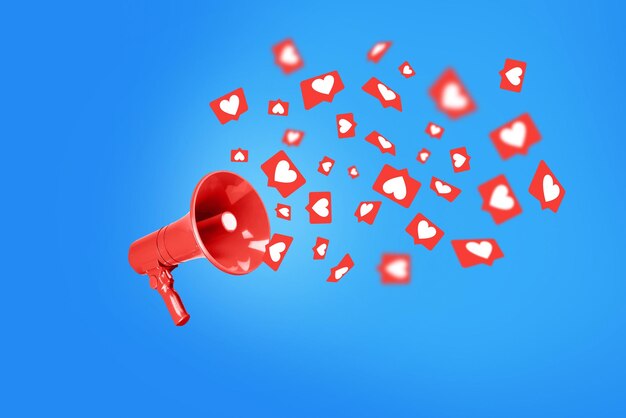 Like icons flying from the red loudspeaker on blue background a concept Creative idea advertising in social networks Communication and success Subscribers approve and are engaged