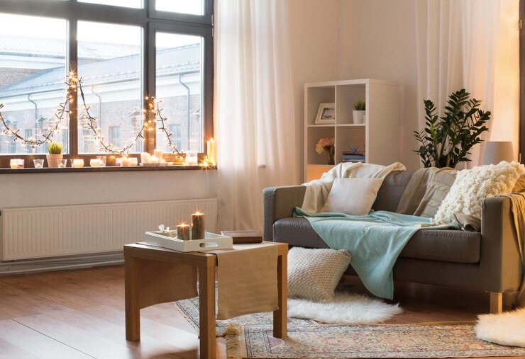 Foto living room decorated by christmas garland at home