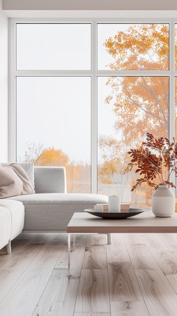 Living room interiors designer composition with a modern coffee table a sofa and a big window