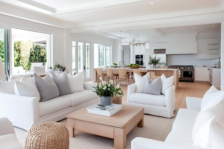 Foto livingdining room of a house the living room with white sofas and woodtoned furniture