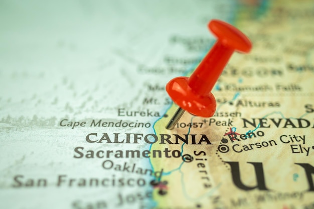 Location California state map with red push pin pointing closeup USA United States of America