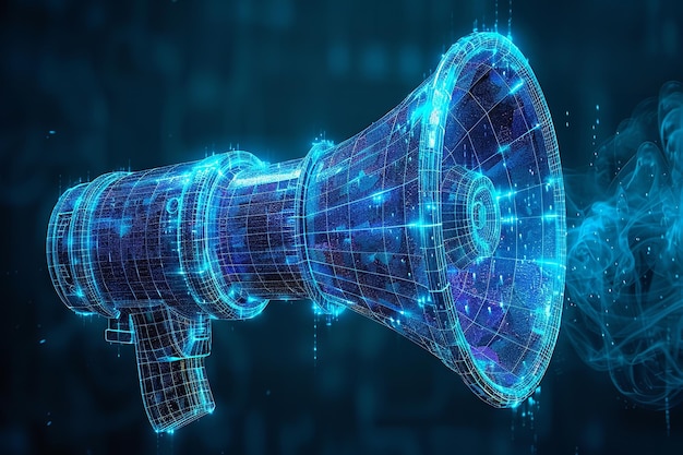 Low Poly Wireframe Megaphone Marketing Concept with Hand Holding Loudspeaker on Blue Background