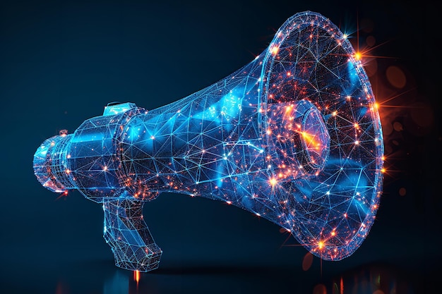 Low Poly Wireframe Megaphone Marketing Concept with Hand Holding Loudspeaker on Blue Background