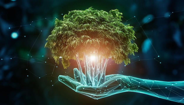 lush foliage grows from a network of glowing data nodes