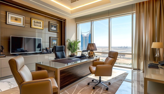Luxury decorated corporate office room with city view