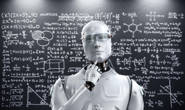 Machine learning concept 3d rendering robot with math formula background