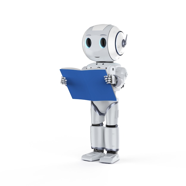 Machine learning concept with mini robot reading a book