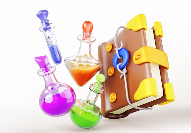 Magic potions and spell book witchcraft 3d banner Fantasy alchemy grimoire with elixir or poison Witch or wizard diary and glass lab flasks with color liquid Cartoon render icons