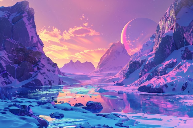 majestic alien landscape with snowy mountains and a colorful sky featuring a large planet in the background and a serene icy lake