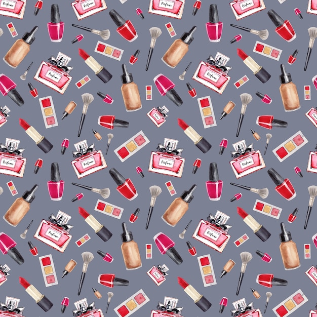 Make Up sömlöst mönster. Mode. Glamourtillbehör. Akvarellmönster med läppstift, parfym och nagellack