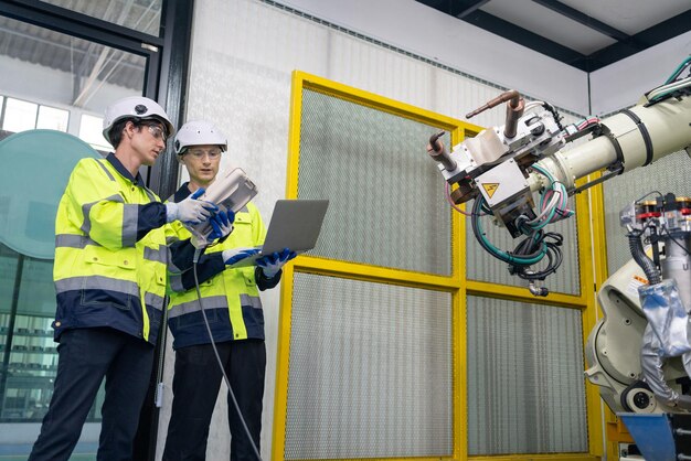 Male engineers using laptop and remote control inspection robot arm welding machine in factory