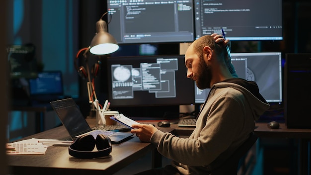 Male IT engineer analyzing web data on clipboard papers and screens, comparing information on files. Young man using programming language and coding new user interface at night.