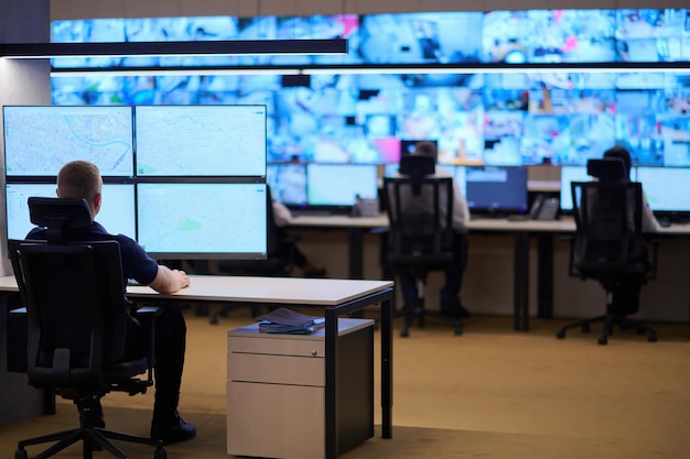 male operator working in a security data system control room