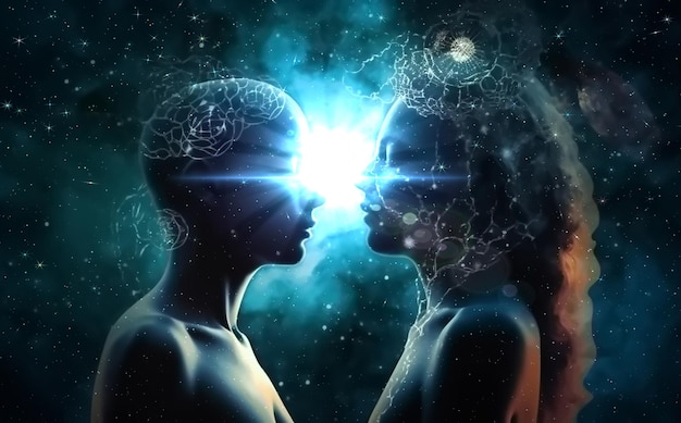man and woman silhouette on front starry sky cosmic nebula universe background concept