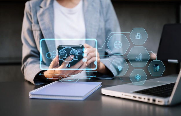 Man and Woman using chat bot in smartphone intelligence Ai Chat with AI Artificial Intelligence developed by OpenAI generate robot in online system in officexA