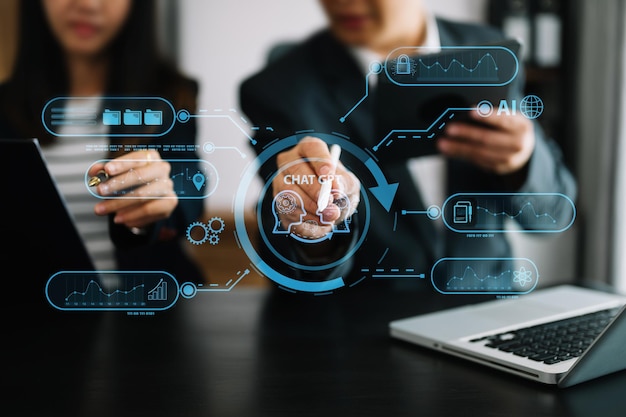 Man and woman using chatbot in computer and tablet smart intelligence AiChat GPT Chat with AI Artificial Intelligence developed by OpenAI generate Futuristic technology robot in online system
