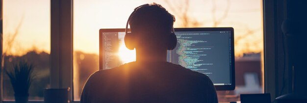 Man coding on a computer in a home office at sunset wearing headphones Concept of remote coding software development and focus on programming