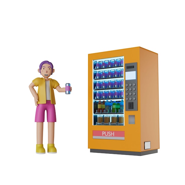 Man drinking water vending machine on white background3d render illustration