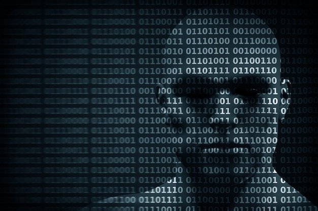 Man face blended with binary code digits Concept of hacker coding programming data protection etc 3D rendering