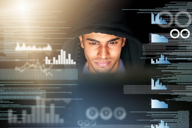 Man hacker and hologram with analytics and virus installation for firewall bypass and hub Database overlay and dashboard with digital charts and programming and cyber security crime on software