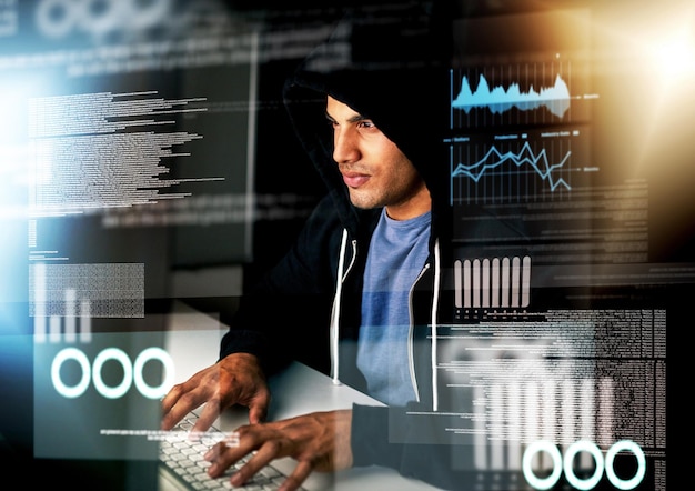 Man hacker and hologram with working and virus installation for firewall bypass and hub Database overlay and dashboard with digital charts and programming and cyber security crime on software