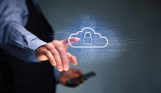 Man hand using phone with cloud computing system.